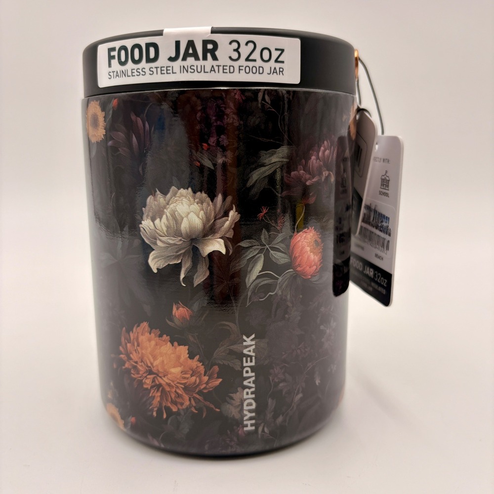 Hydrapeak 32oz Insulated Food Jar Dark Floral Stainless Steel Wide Mouth Thermos